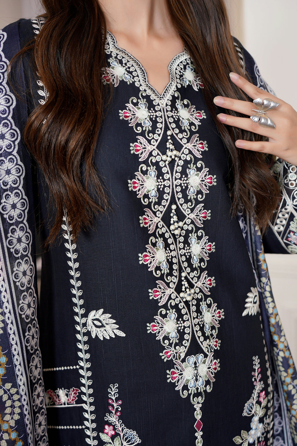 3 Piece Navy Botanical Khaddar Suit