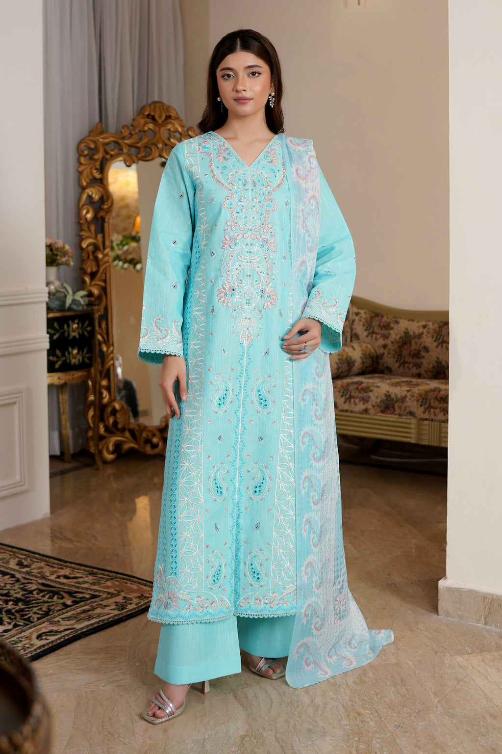 3 Piece Aqua Floral Khaddar Suit