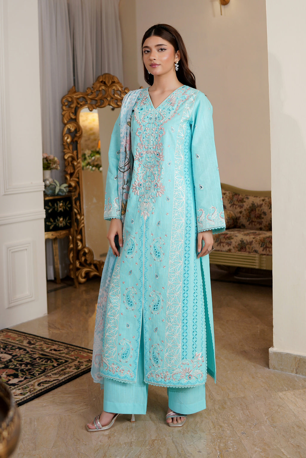 3 Piece Aqua Floral Khaddar Suit