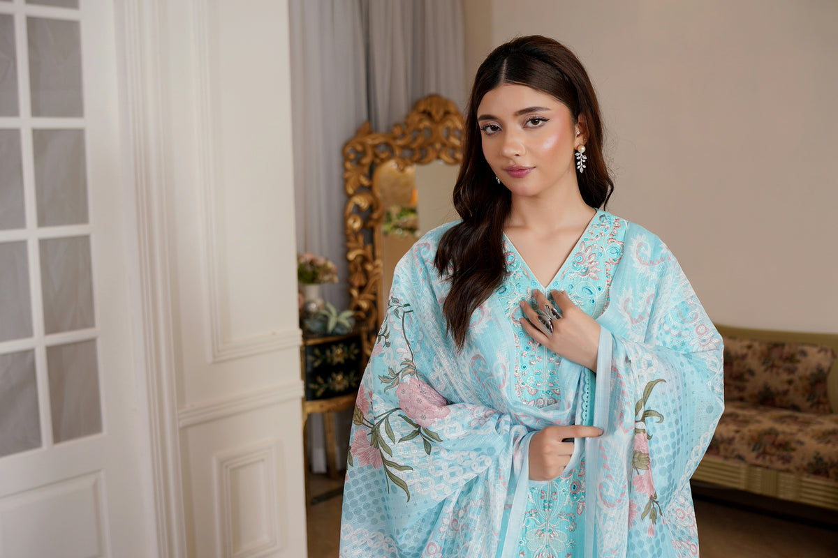 3 Piece Aqua Floral Khaddar Suit