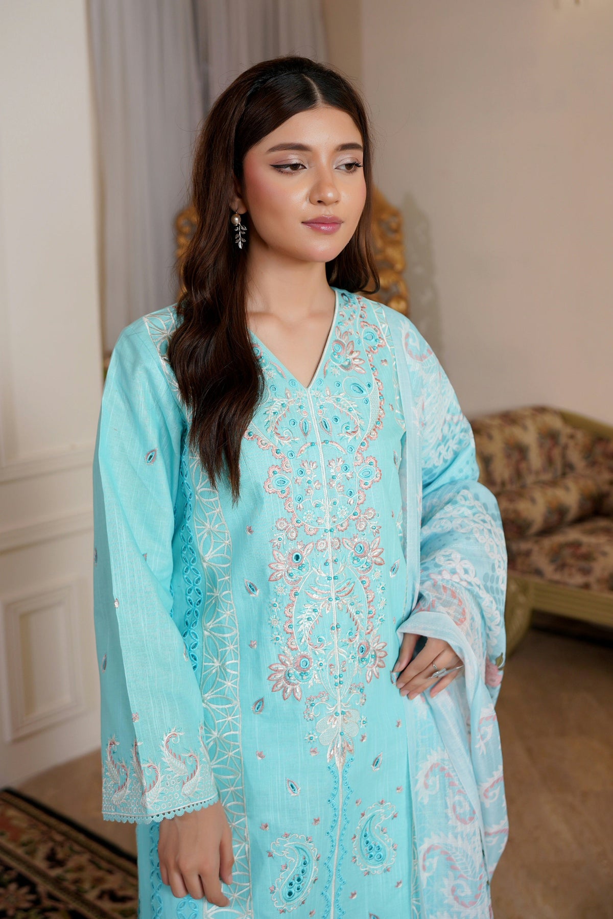 3 Piece Aqua Floral Khaddar Suit