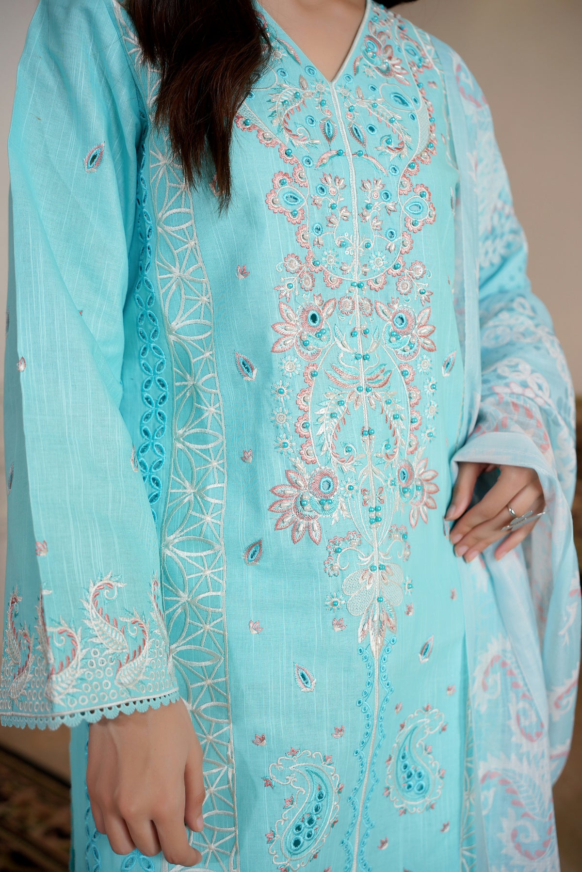 3 Piece Aqua Floral Khaddar Suit