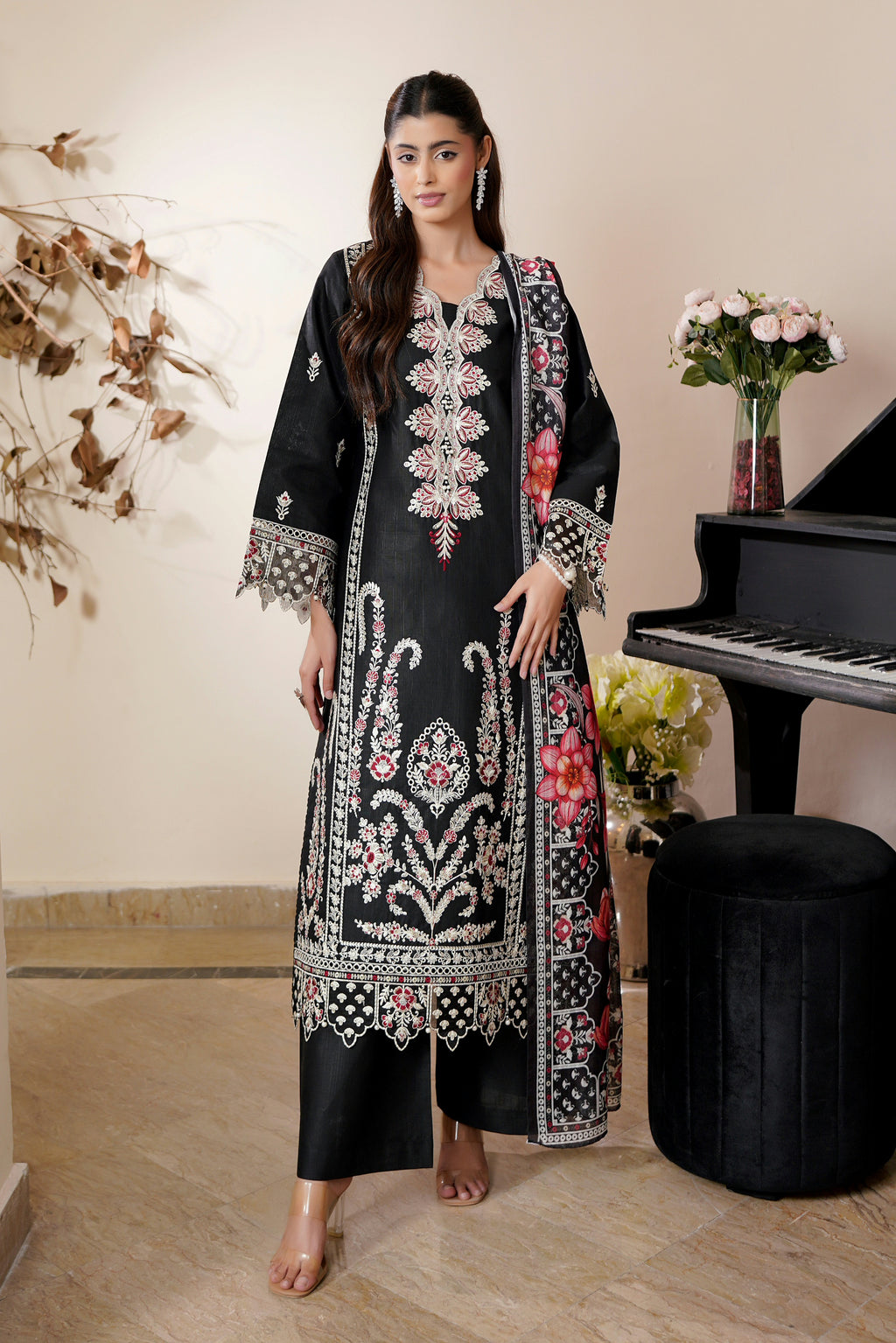 3 Piece Onyx Black Khaddar Suite-Embroidered