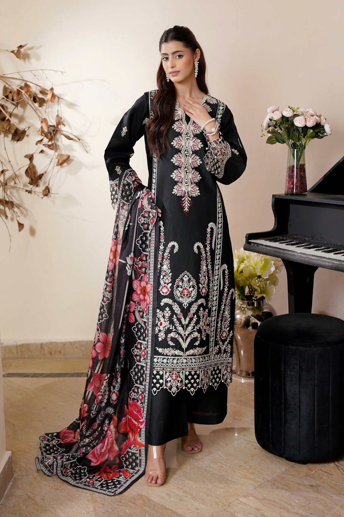 3 Piece Onyx Black Khaddar Suite-Embroidered