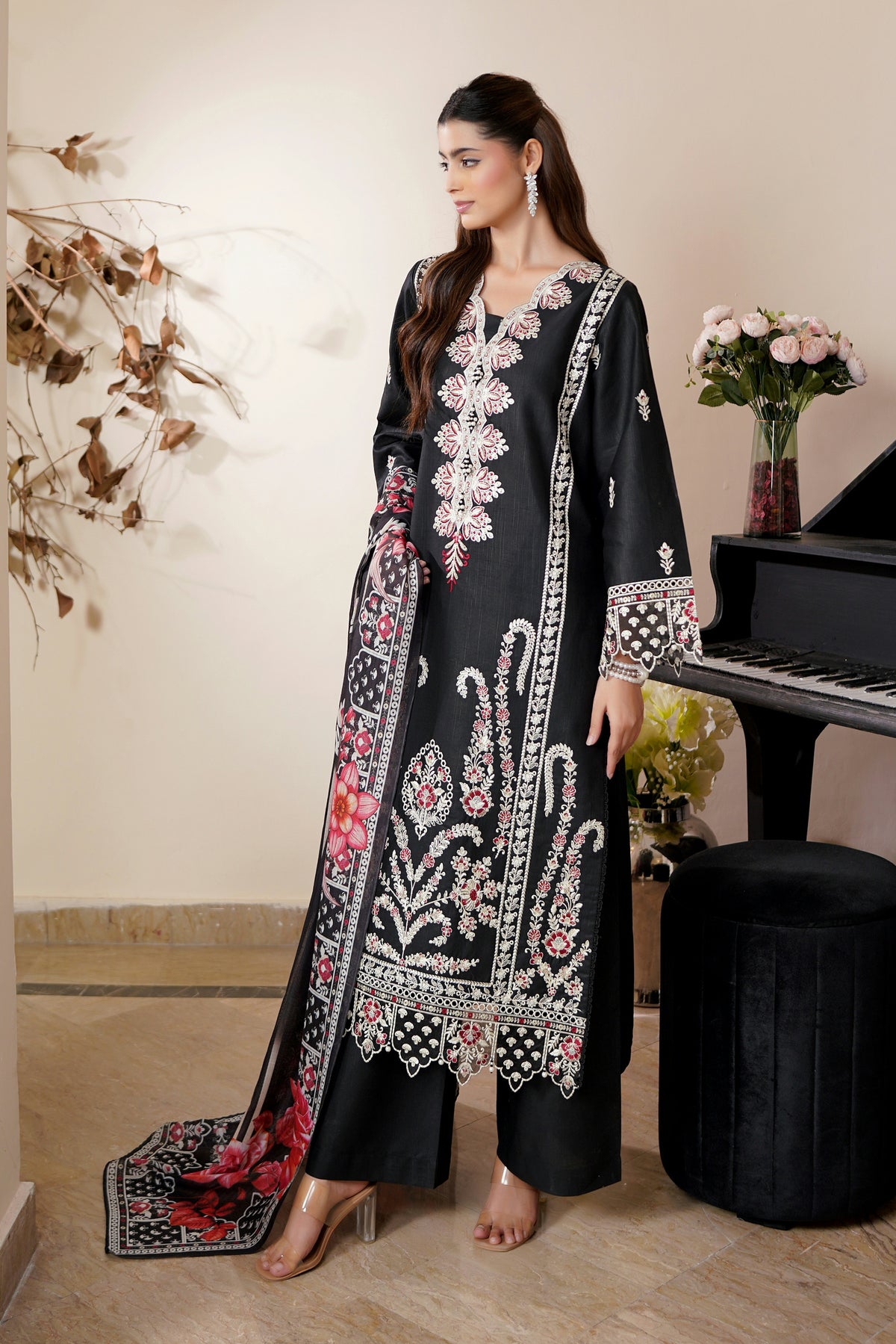 3 Piece Onyx Black Khaddar Suite-Embroidered