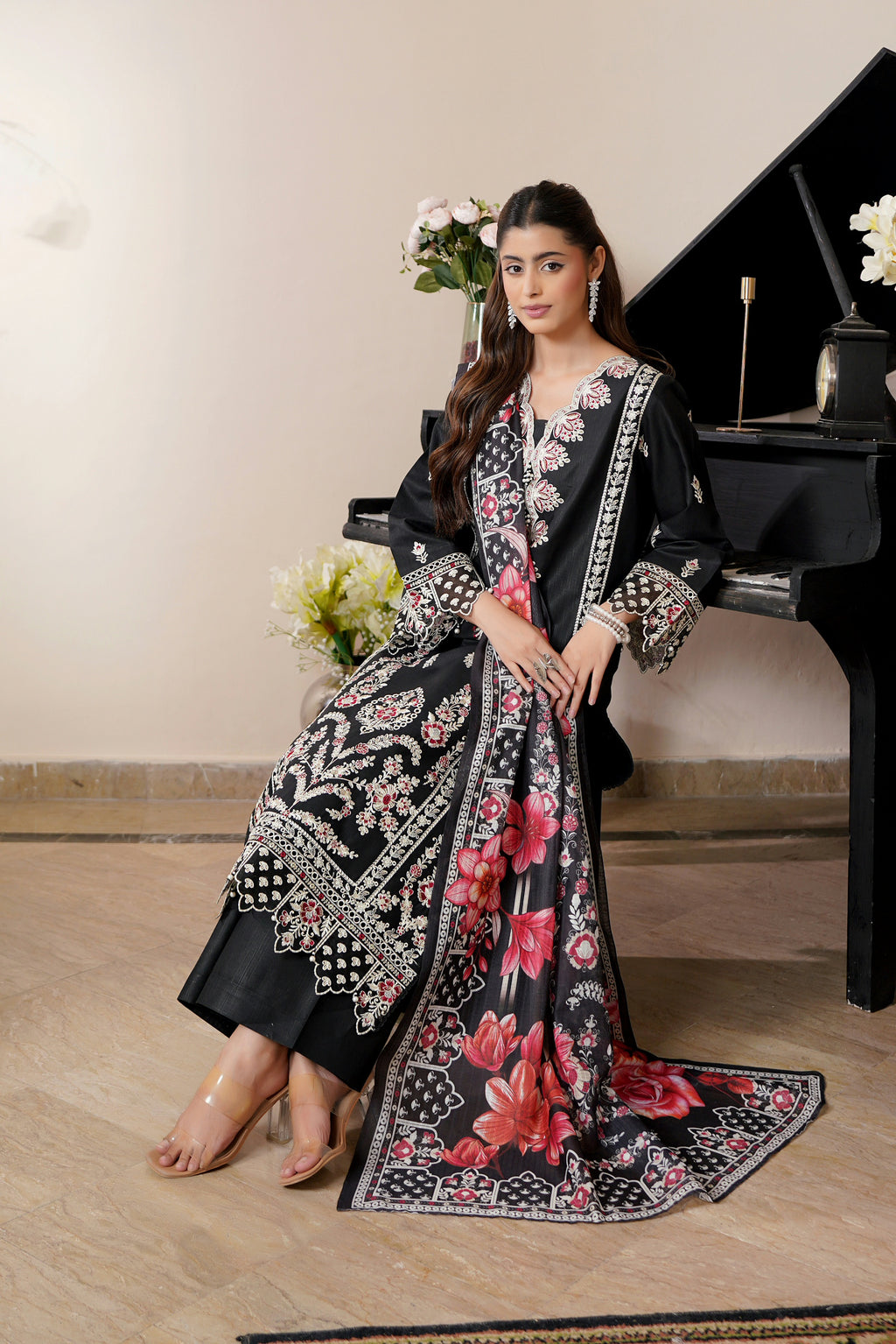 3 Piece Onyx Black Khaddar Suite-Embroidered