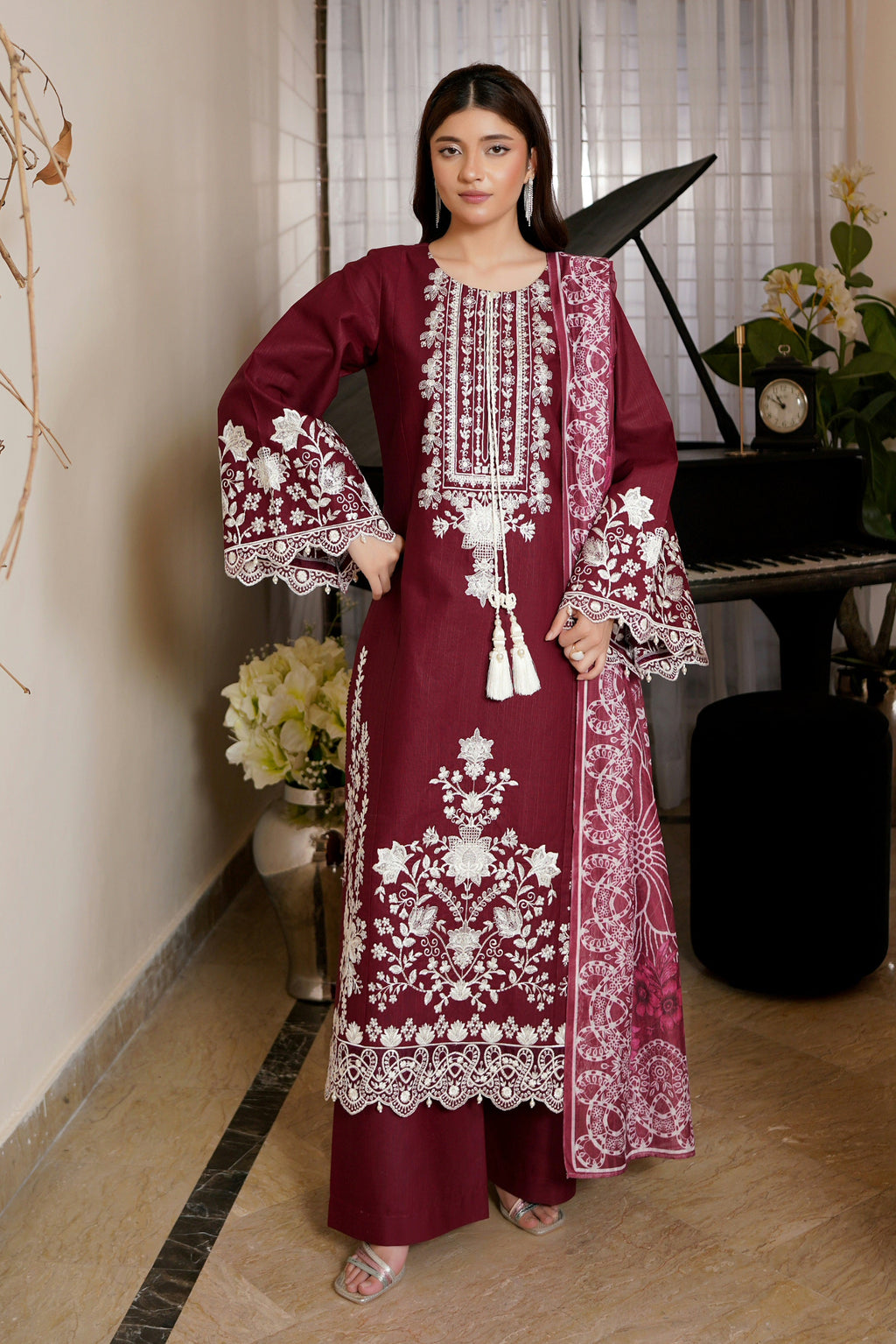 3 Piece Deep Plum Embroidered Khaddar Suit