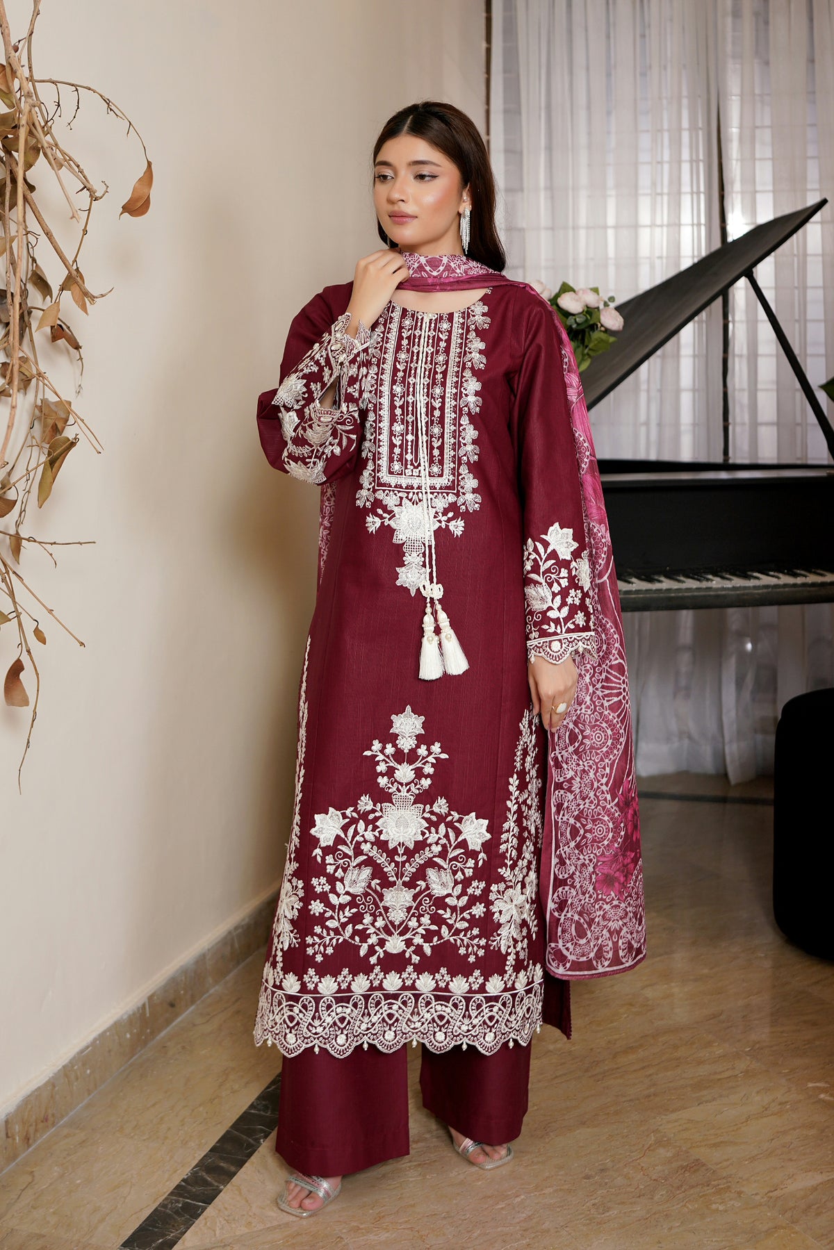 3 Piece Deep Plum Embroidered Khaddar Suit