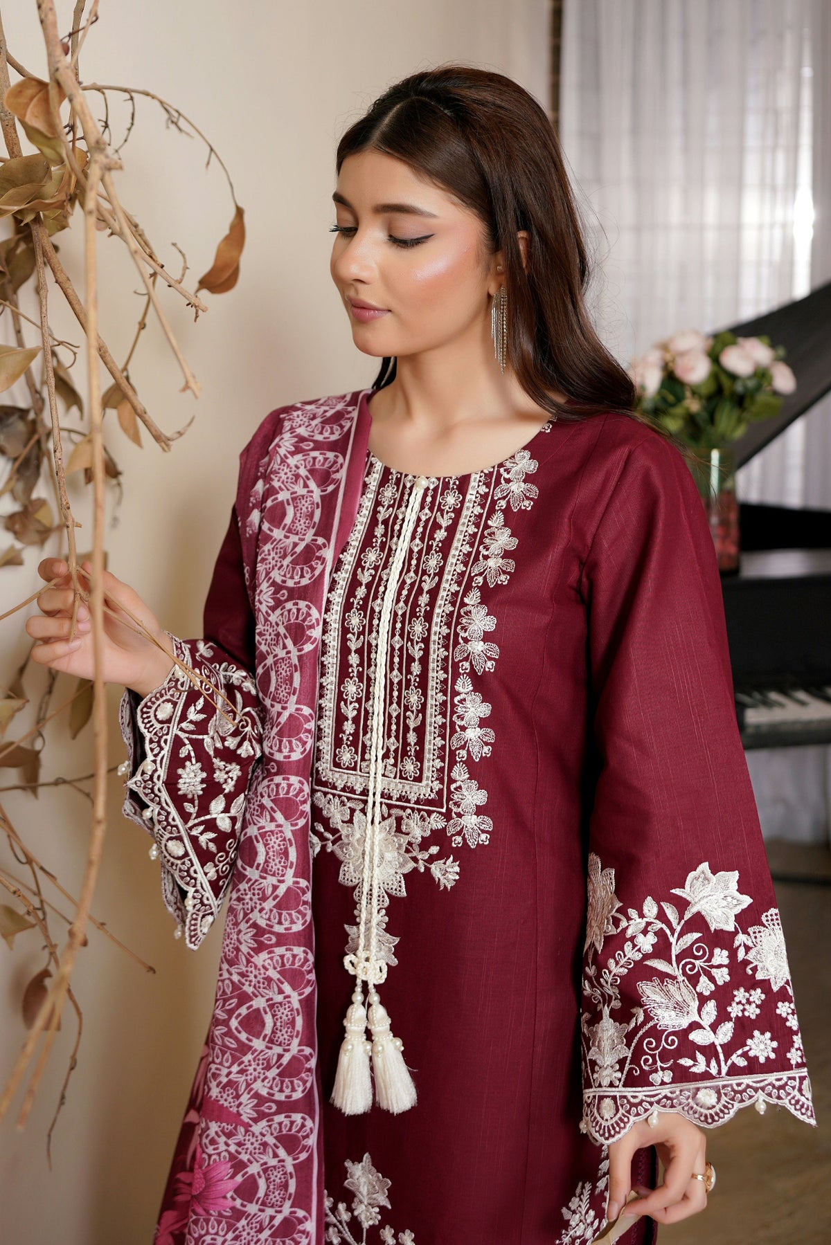 3 Piece Deep Plum Embroidered Khaddar Suit