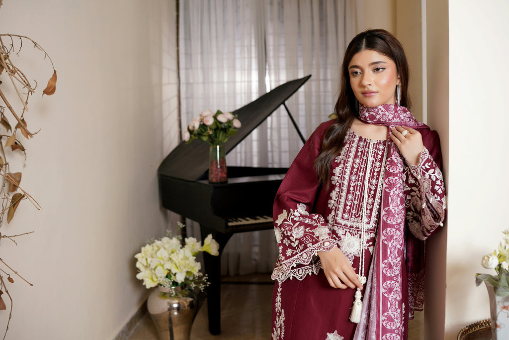 3 Piece Deep Plum Embroidered Khaddar Suit