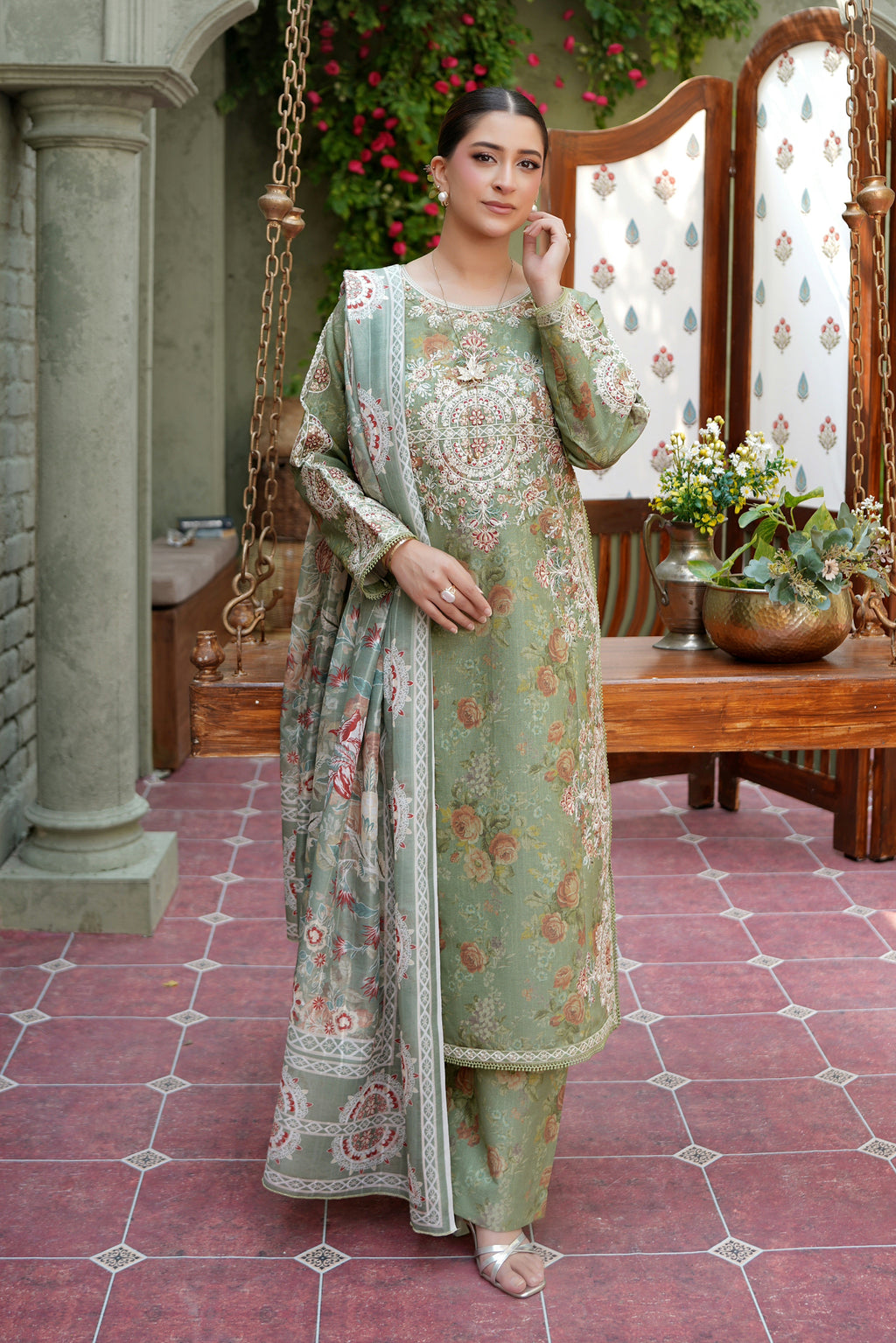 3 Piece Olive Frost Floral Embroidered Suite