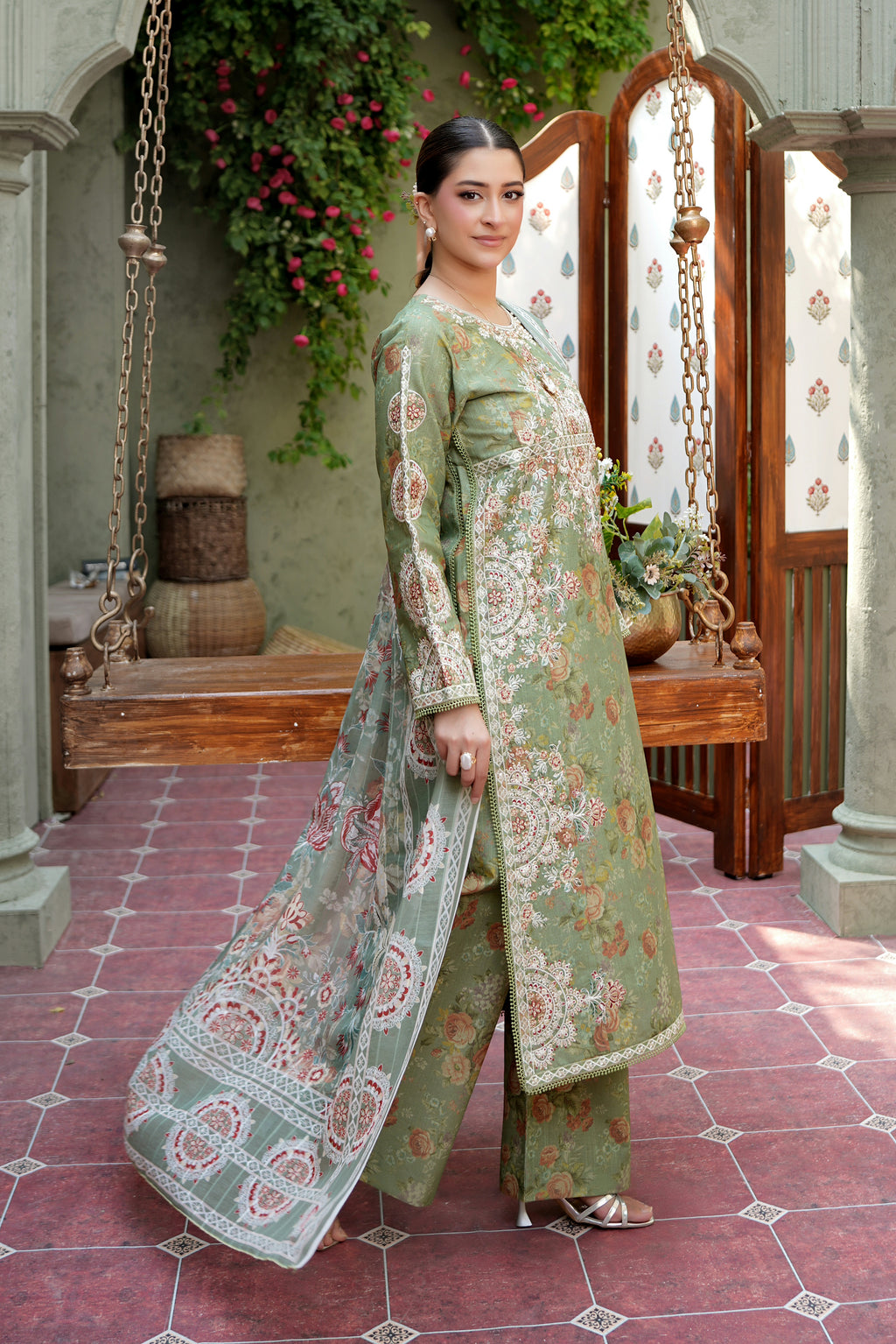 3 Piece Olive Frost Floral Embroidered Suite
