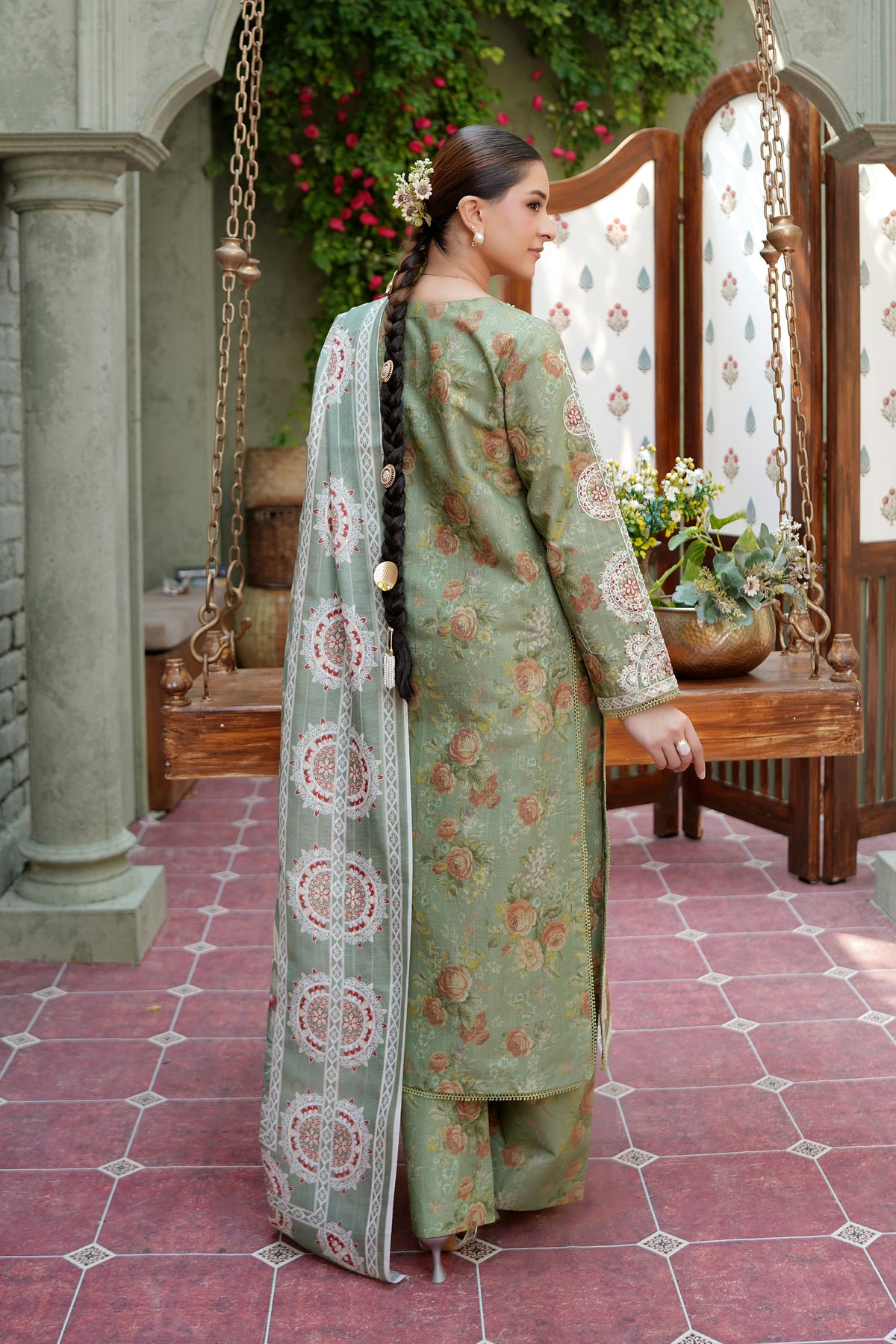 3 Piece Olive Frost Floral Embroidered Suite