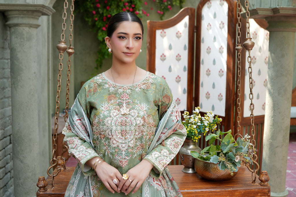 3 Piece Olive Frost Floral Embroidered Suite