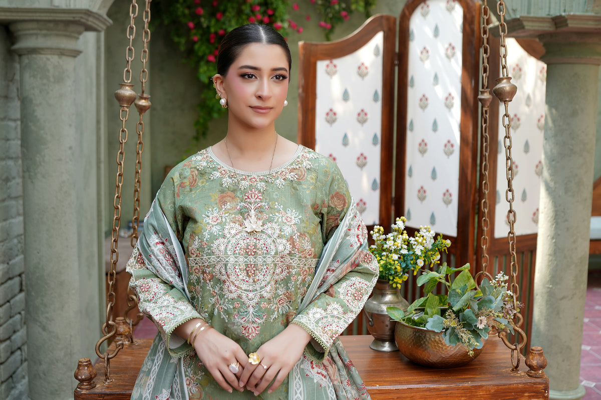 3 Piece Olive Frost Floral Embroidered Suite