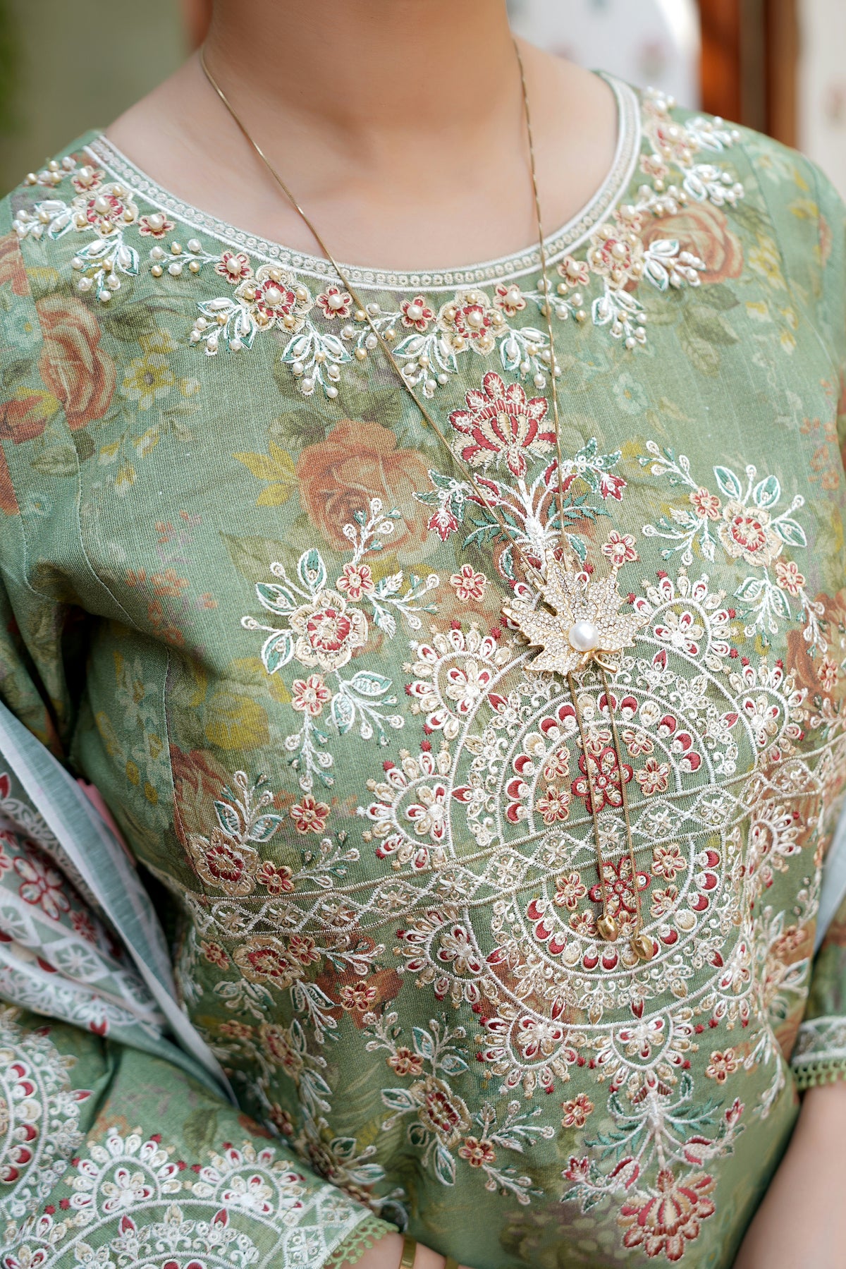 3 Piece Olive Frost Floral Embroidered Suite