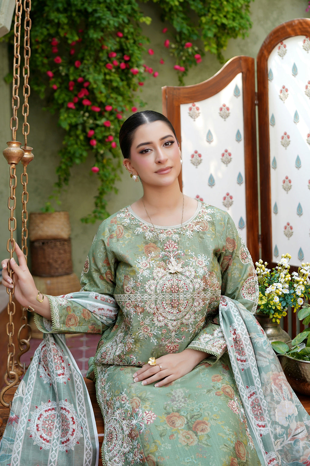 3 Piece Olive Frost Floral Embroidered Suite