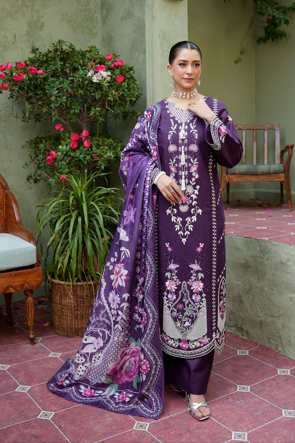 3 Piece Plum Petals Khaddar Suite-Embroidered