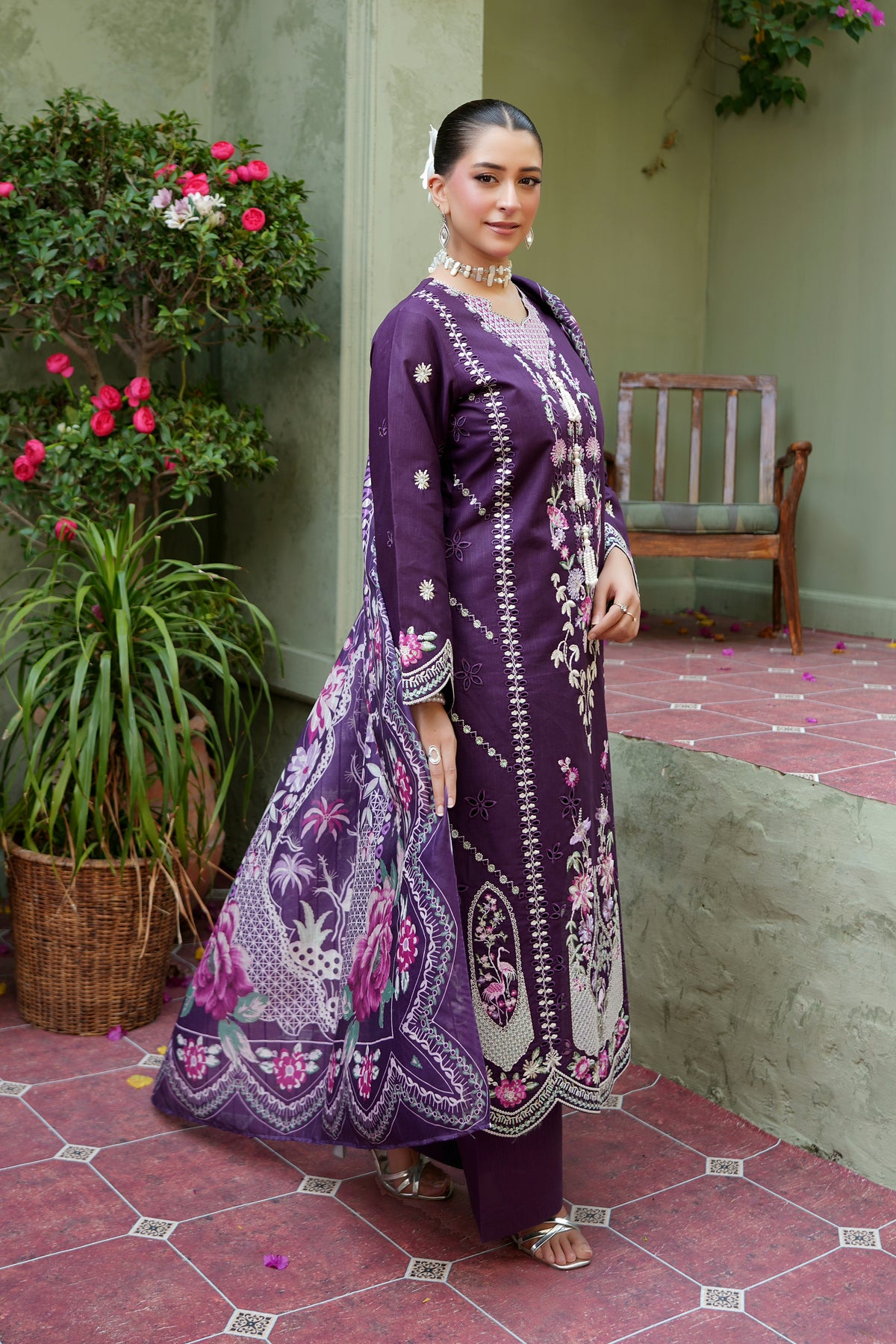 3 Piece Plum Petals Khaddar Suite-Embroidered