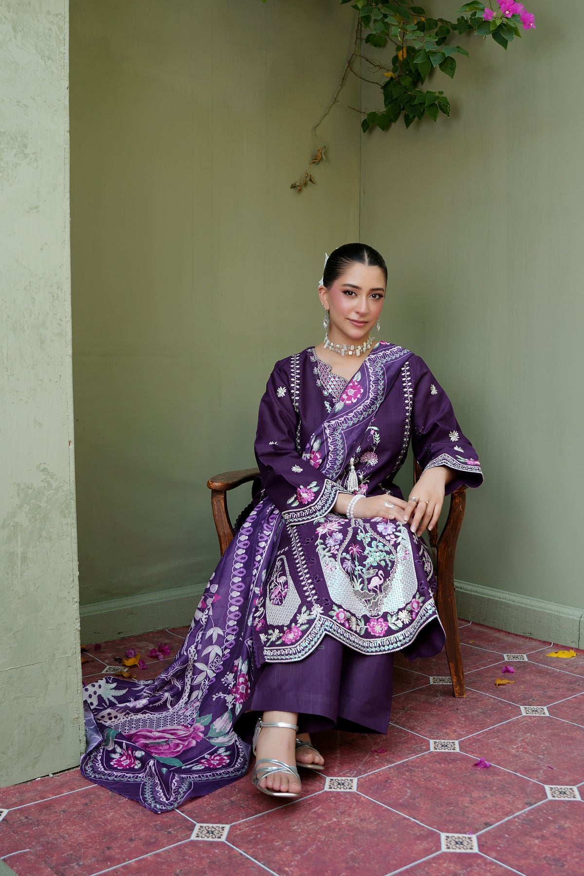 3 Piece Plum Petals Khaddar Suite-Embroidered