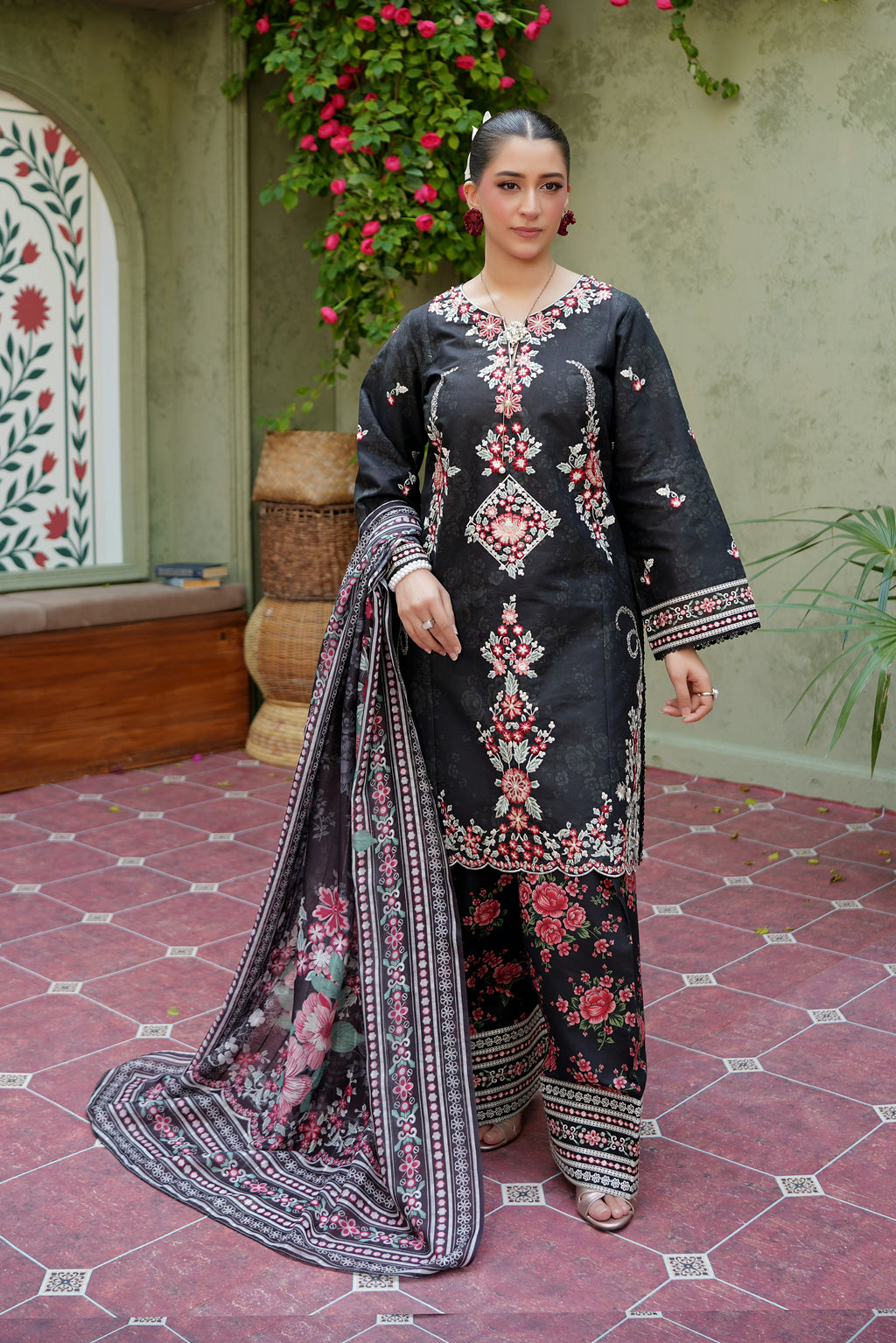 3 Piece Crimson Noir Khaddar Blossom Suite