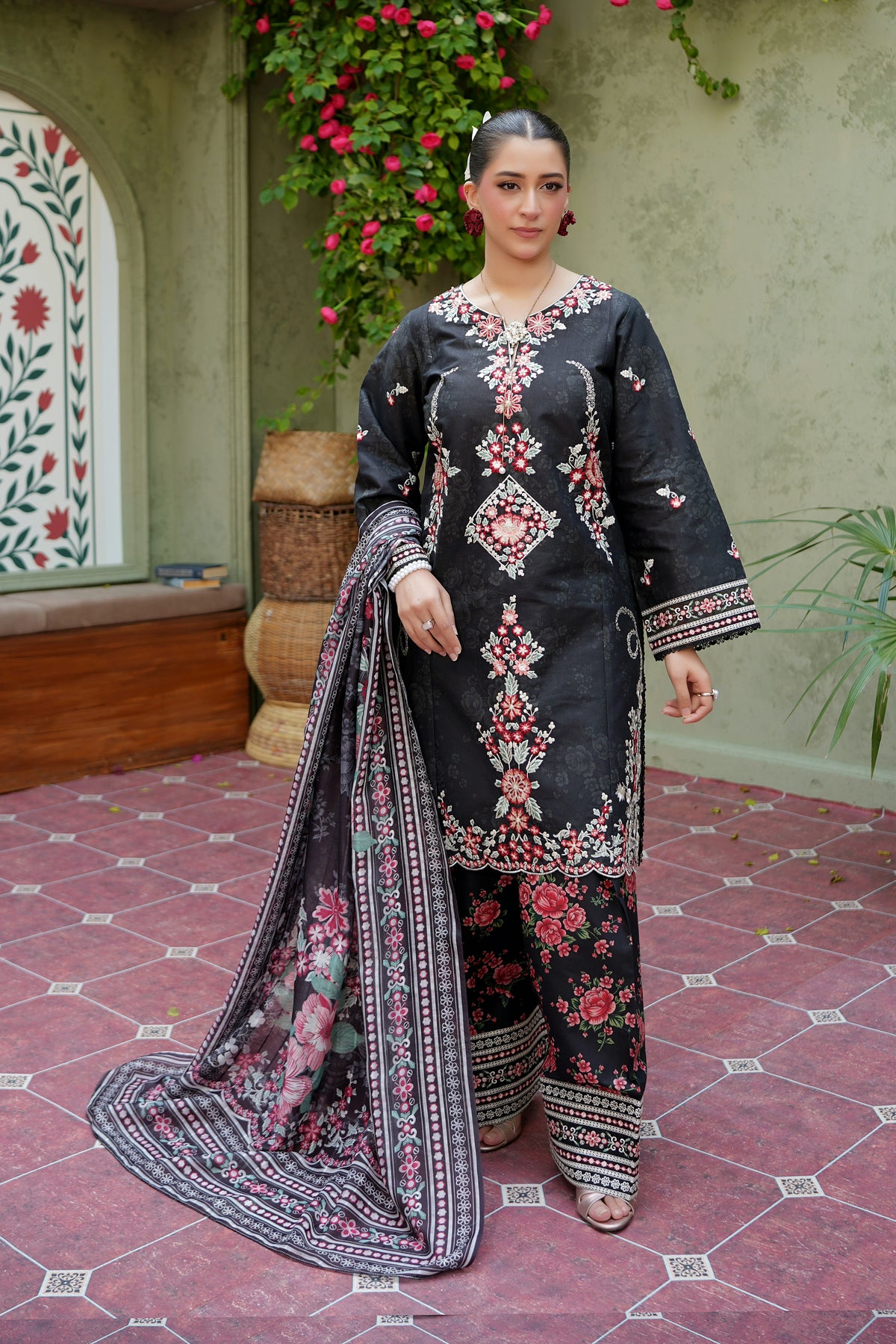 3 Piece Crimson Noir Khaddar Blossom Suite