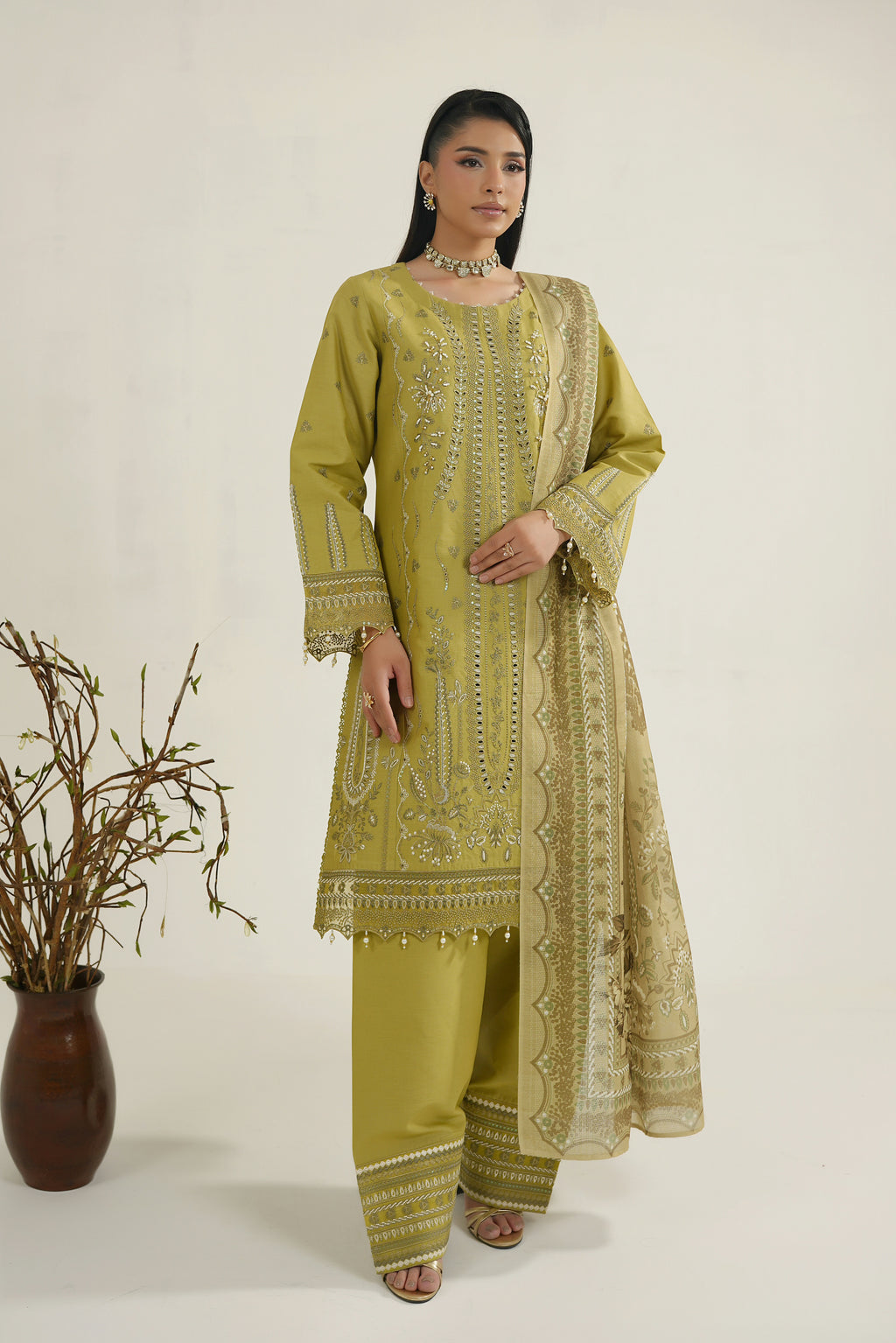 Embroidered 3 Piece Verdant Gold Winter Suite