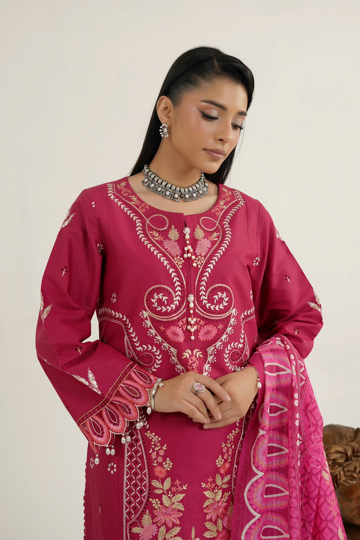 Embroidered 3 Piece Magenta Frost Heritage Suit