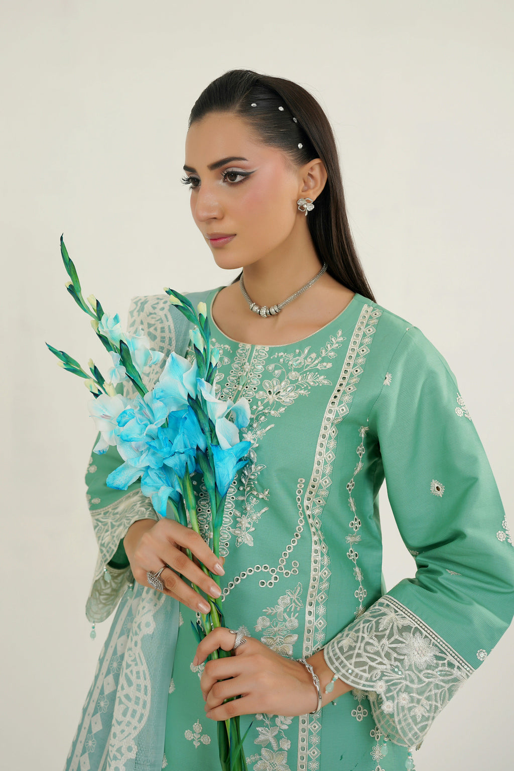 3 Piece Glacial Sage Winter Embroidered Suite