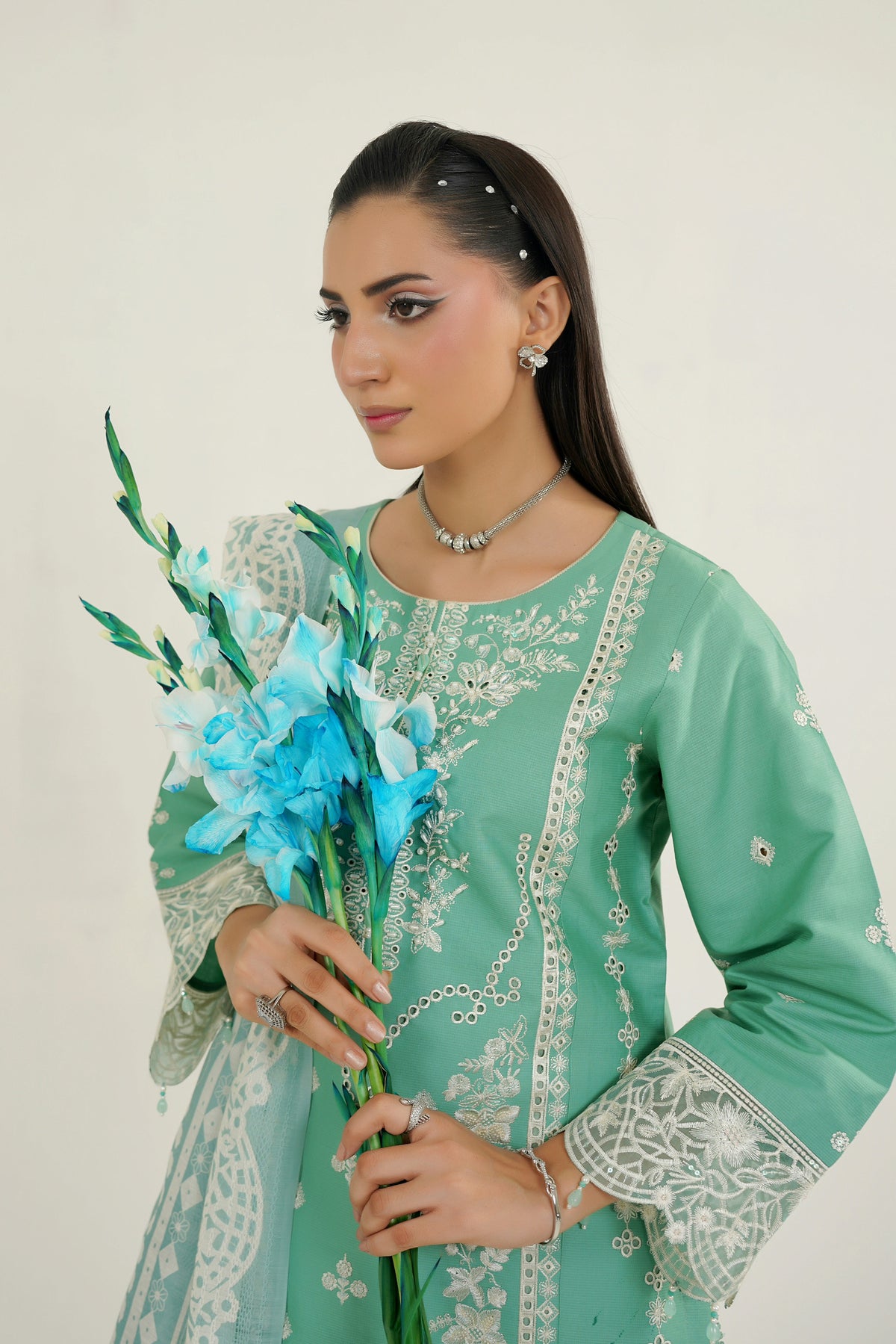 3 Piece Glacial Sage Winter Embroidered Suite