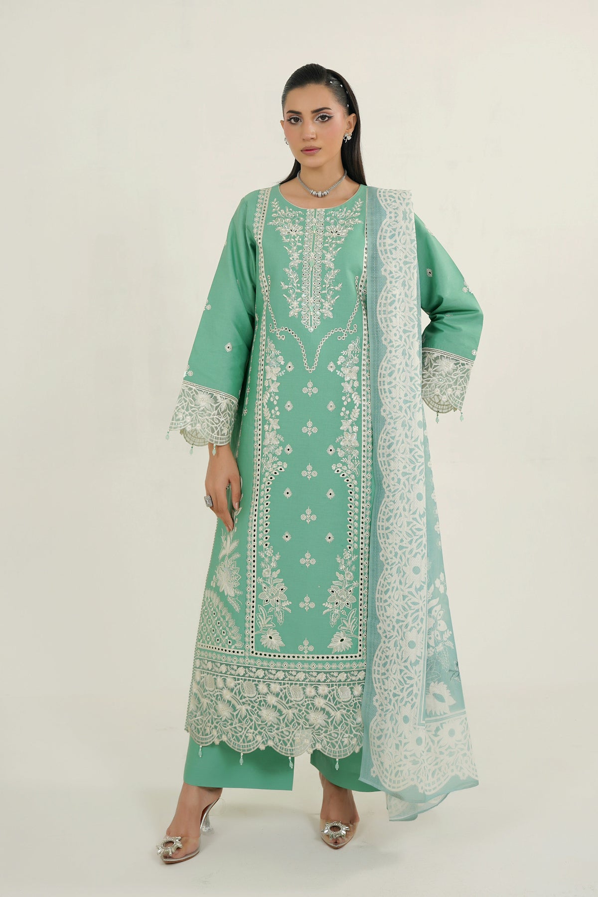3 Piece Glacial Sage Winter Embroidered Suite