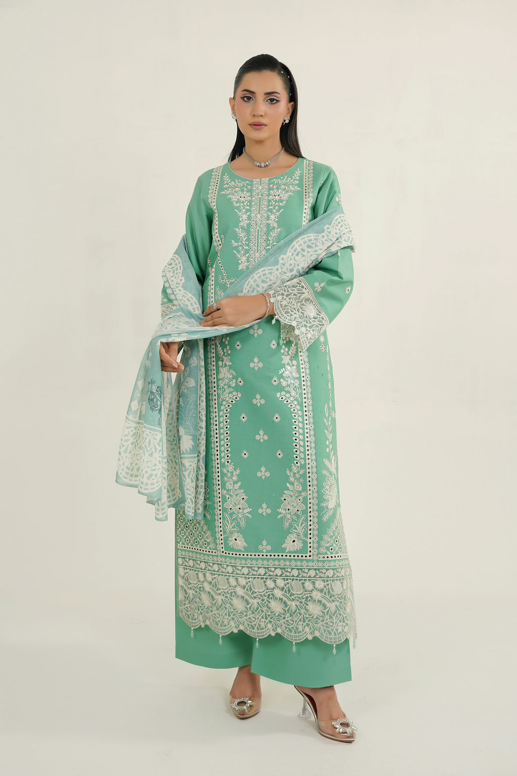 3 Piece Glacial Sage Winter Embroidered Suite