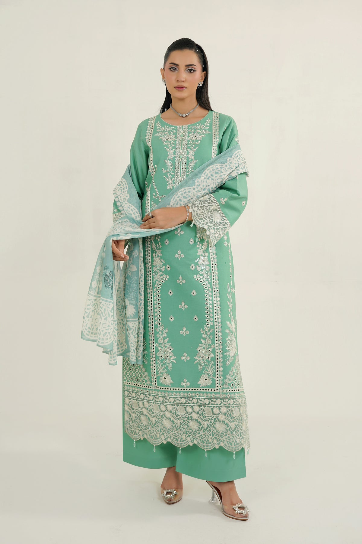 3 Piece Glacial Sage Winter Embroidered Suite