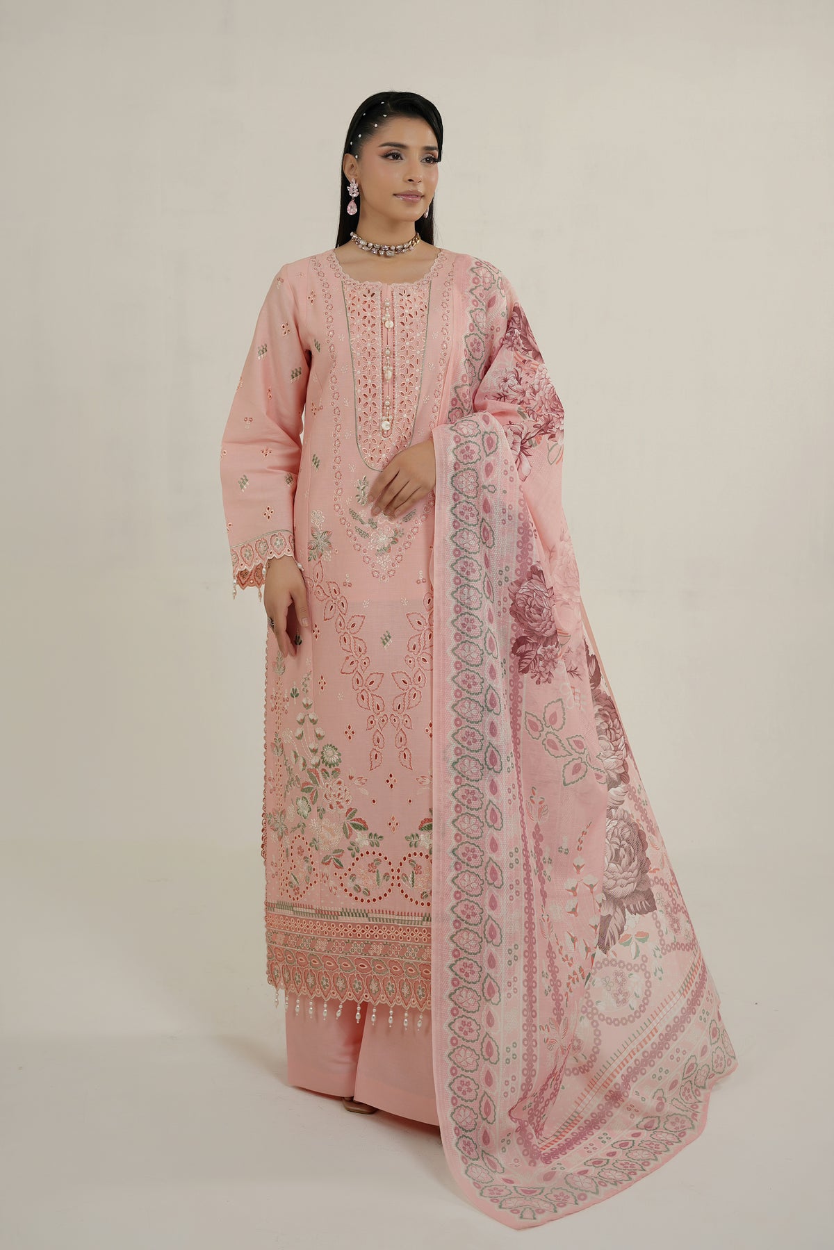 Peach Frost Embroidered Suit-3 Piece
