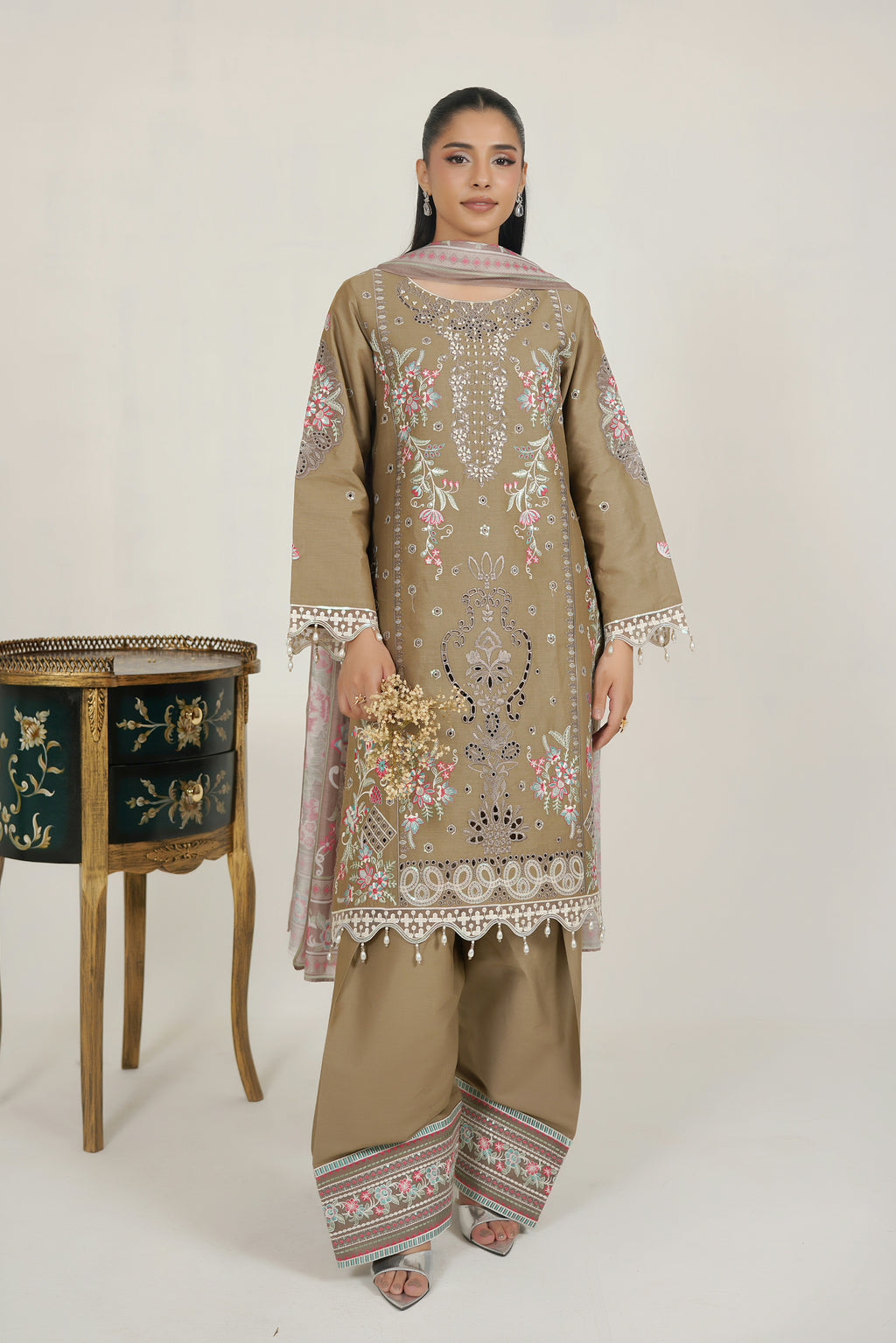 Frost Olive Embroidered 3 Piece Suite