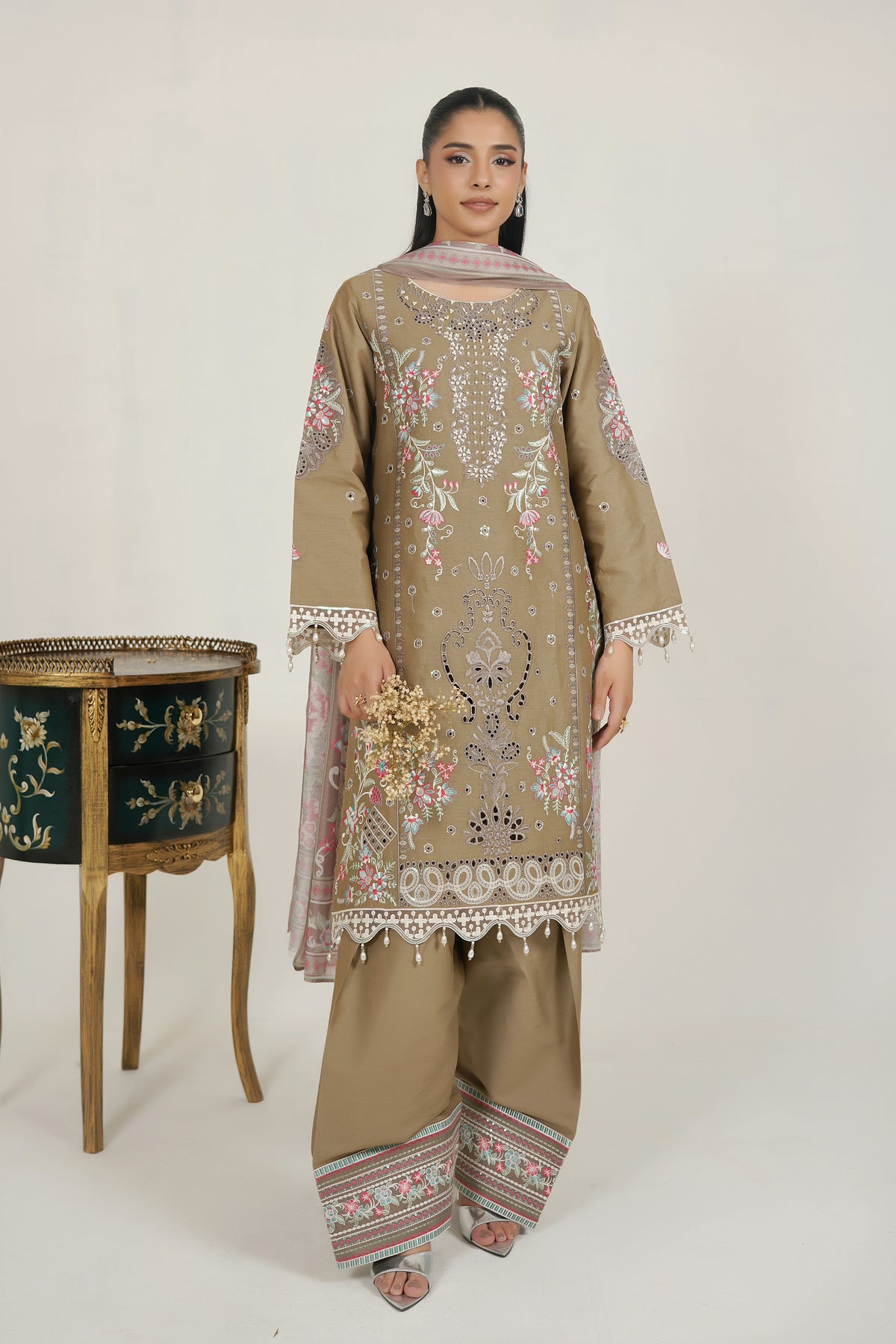 Frost Olive Embroidered 3 Piece Suite