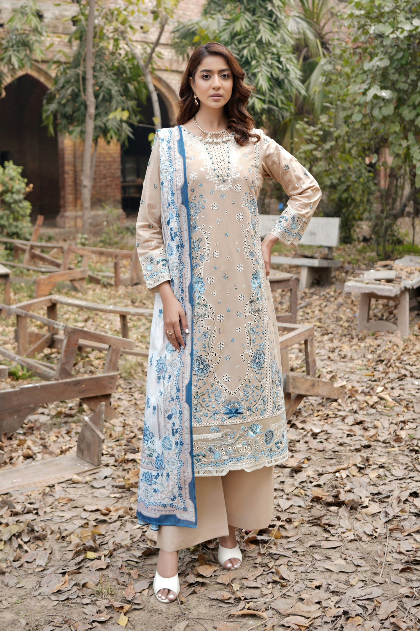 3 Piece Embroidered Summer Cotton Suit-Stitched