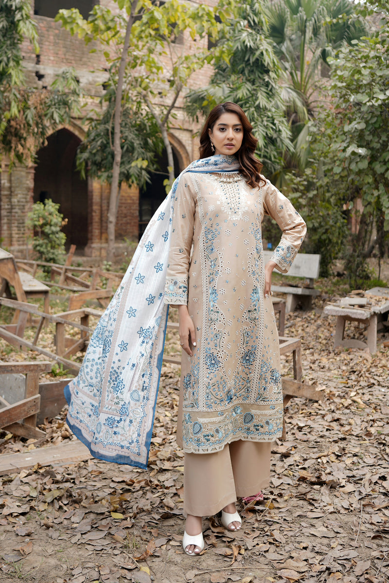 3 Piece Embroidered Summer Cotton Suit-Stitched