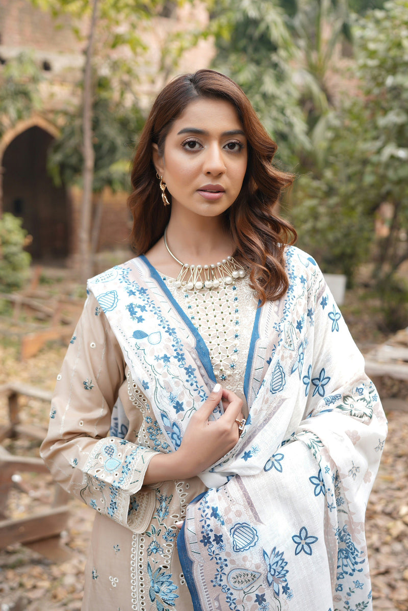 3 Piece Embroidered Summer Cotton Suit-Stitched