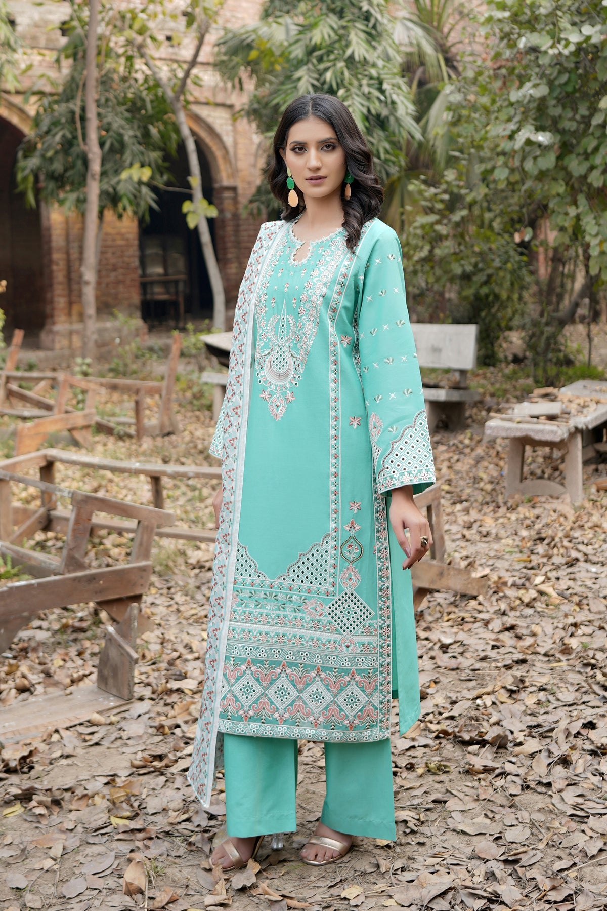 3 Piece Embroidered Summer Cotton Suit-Stitched