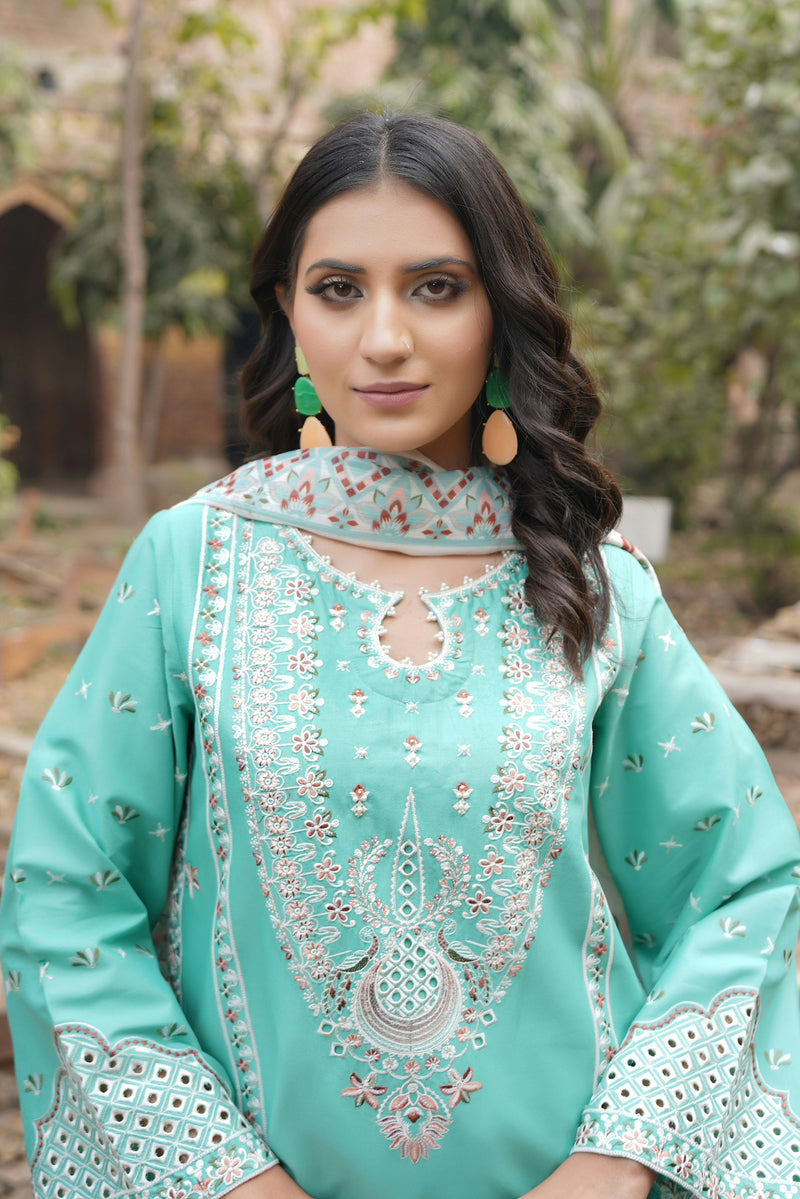 3 Piece Embroidered Summer Cotton Suit-Stitched