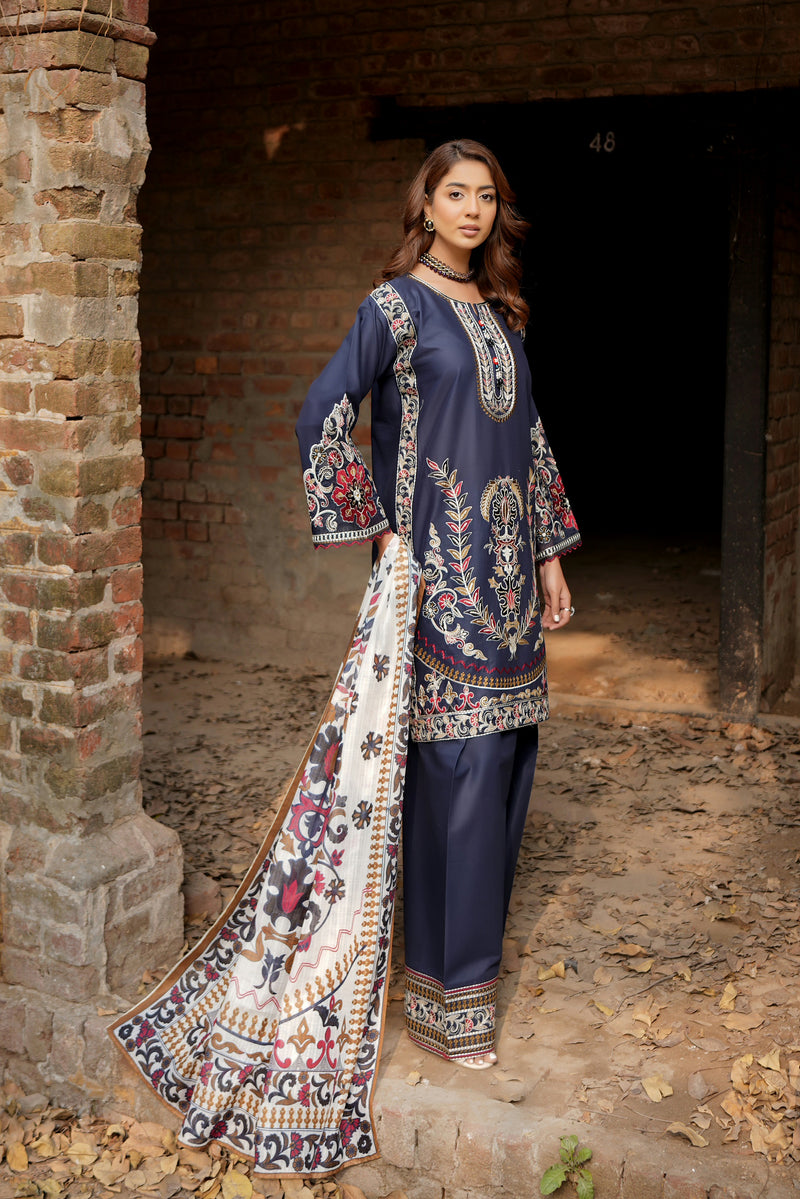 3 Piece Embroidered Summer Cotton Suit-Stitched