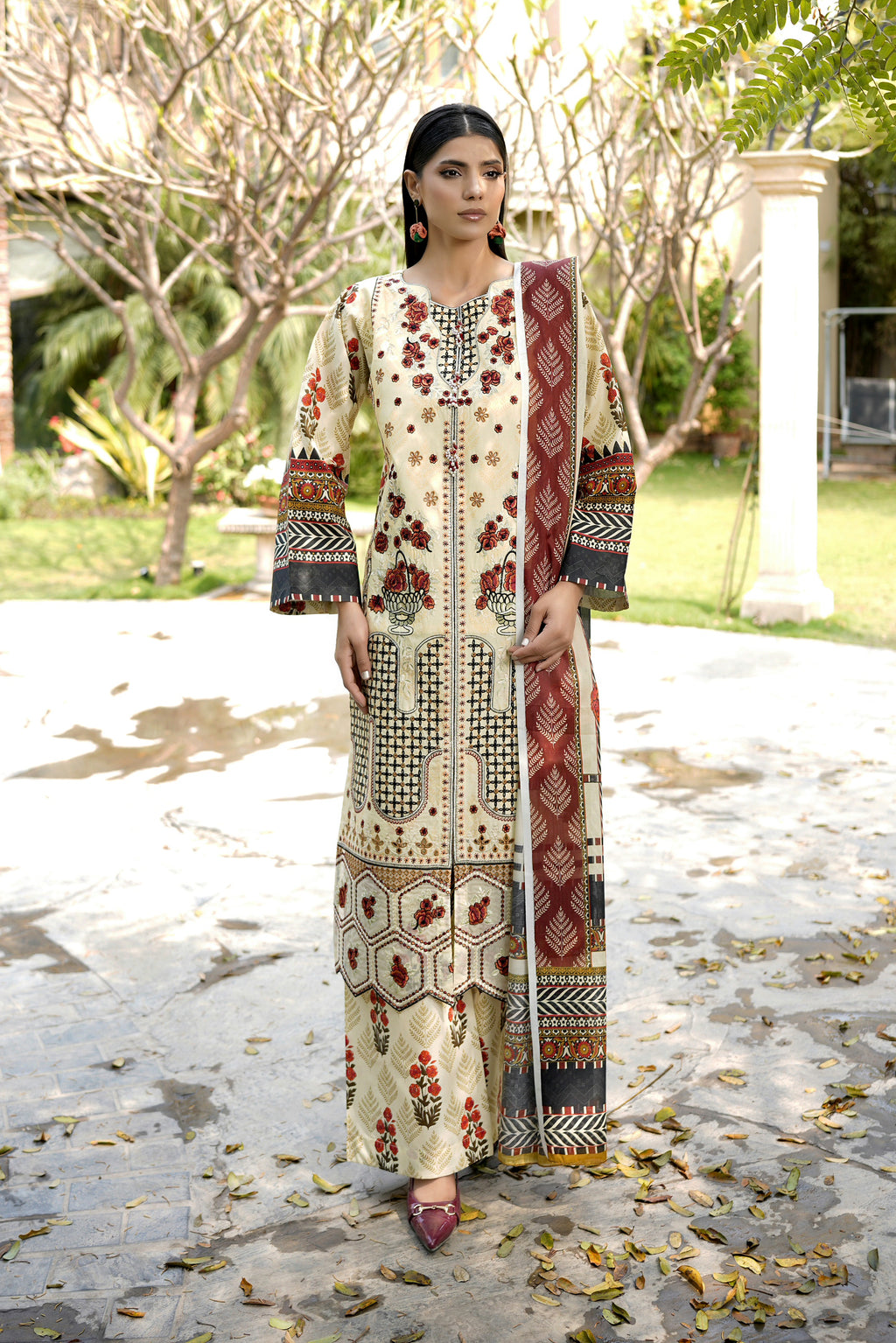 Embroidered 3 Piece Ivory Cream Suite With Floral Print