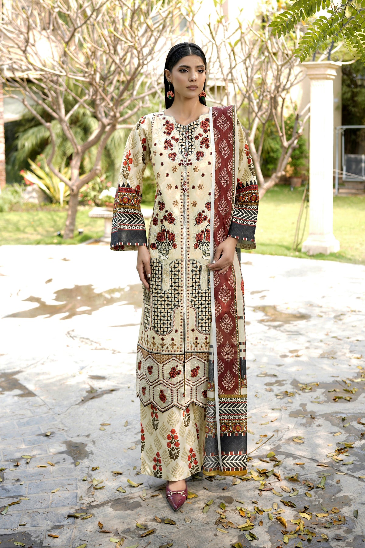 Embroidered 3 Piece Ivory Cream Suite With Floral Print