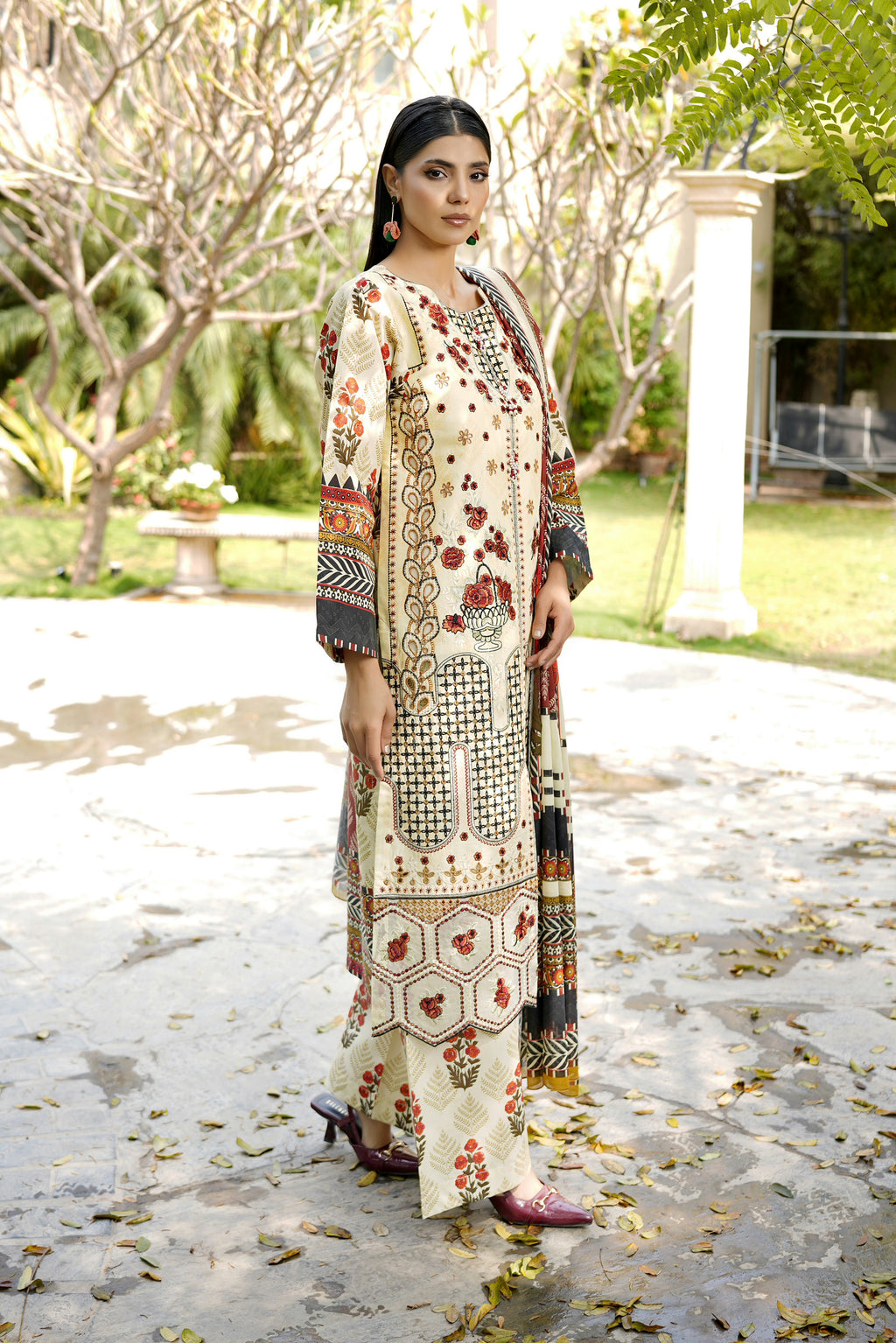 Embroidered 3 Piece Ivory Cream Suite With Floral Print