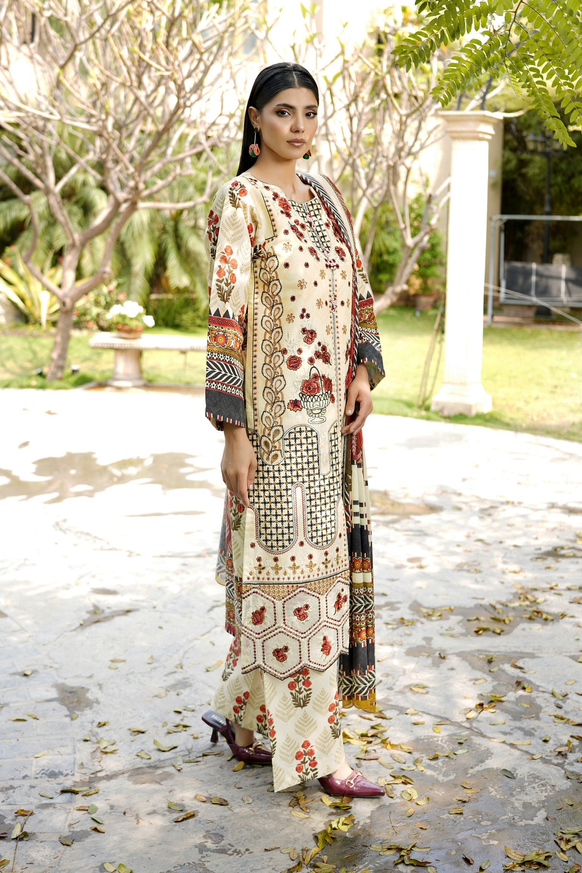 Embroidered 3 Piece Ivory Cream Suite With Floral Print