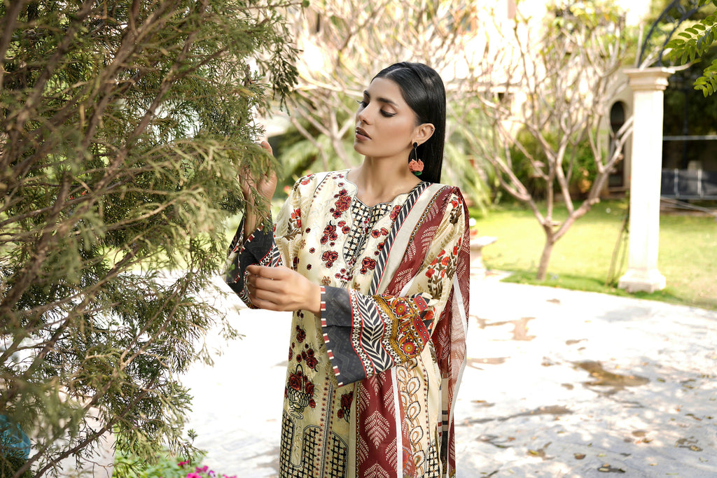 Embroidered 3 Piece Ivory Cream Suite With Floral Print