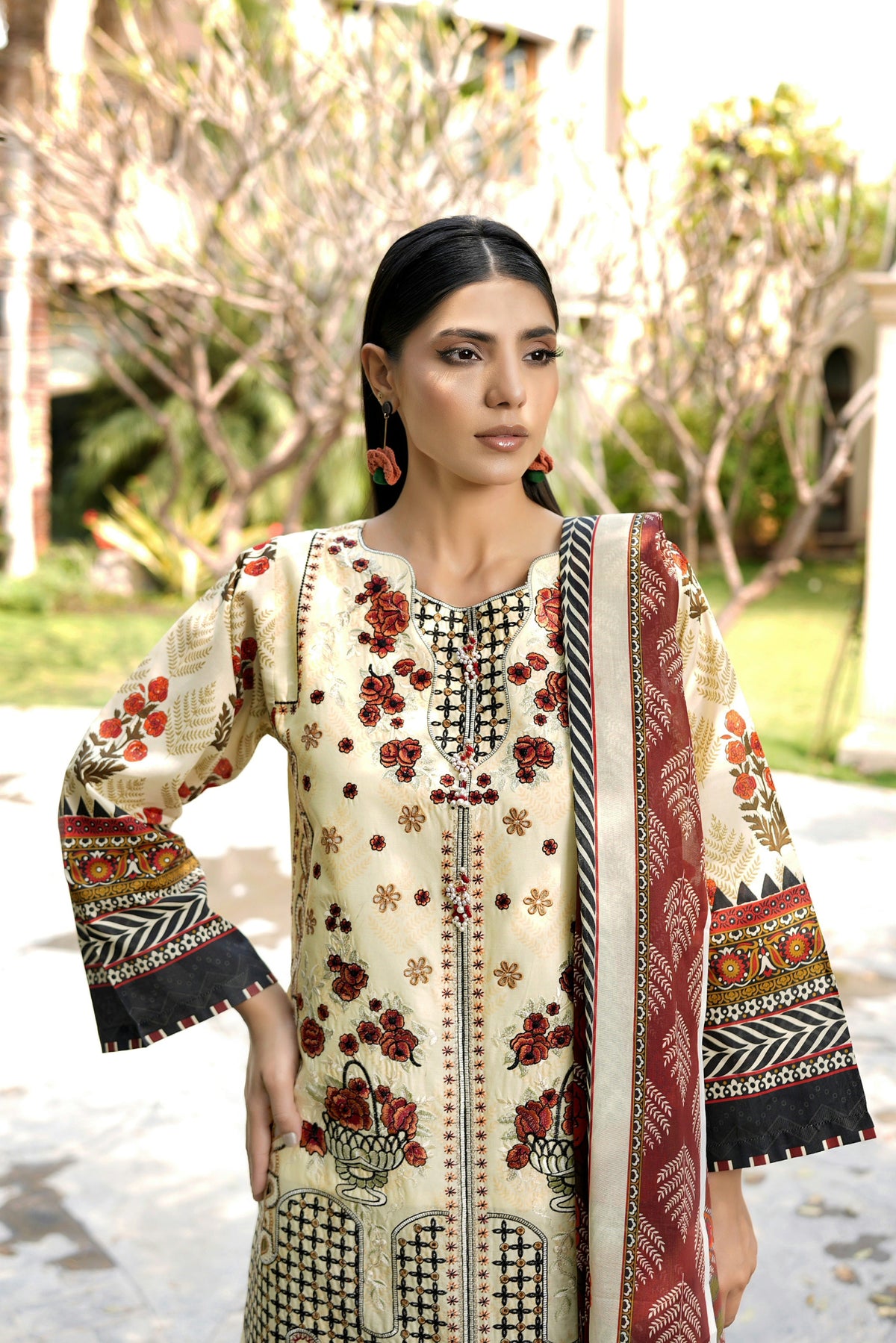 Embroidered 3 Piece Ivory Cream Suite With Floral Print