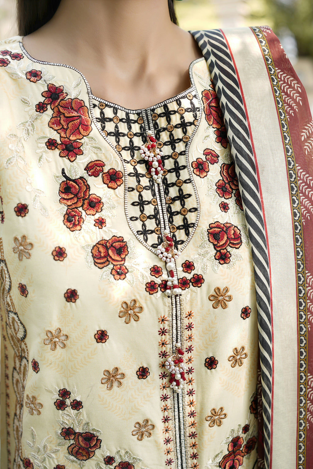 Embroidered 3 Piece Ivory Cream Suite With Floral Print