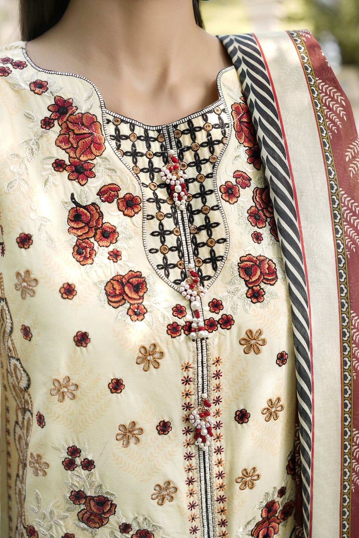 Embroidered 3 Piece Ivory Cream Suite With Floral Print